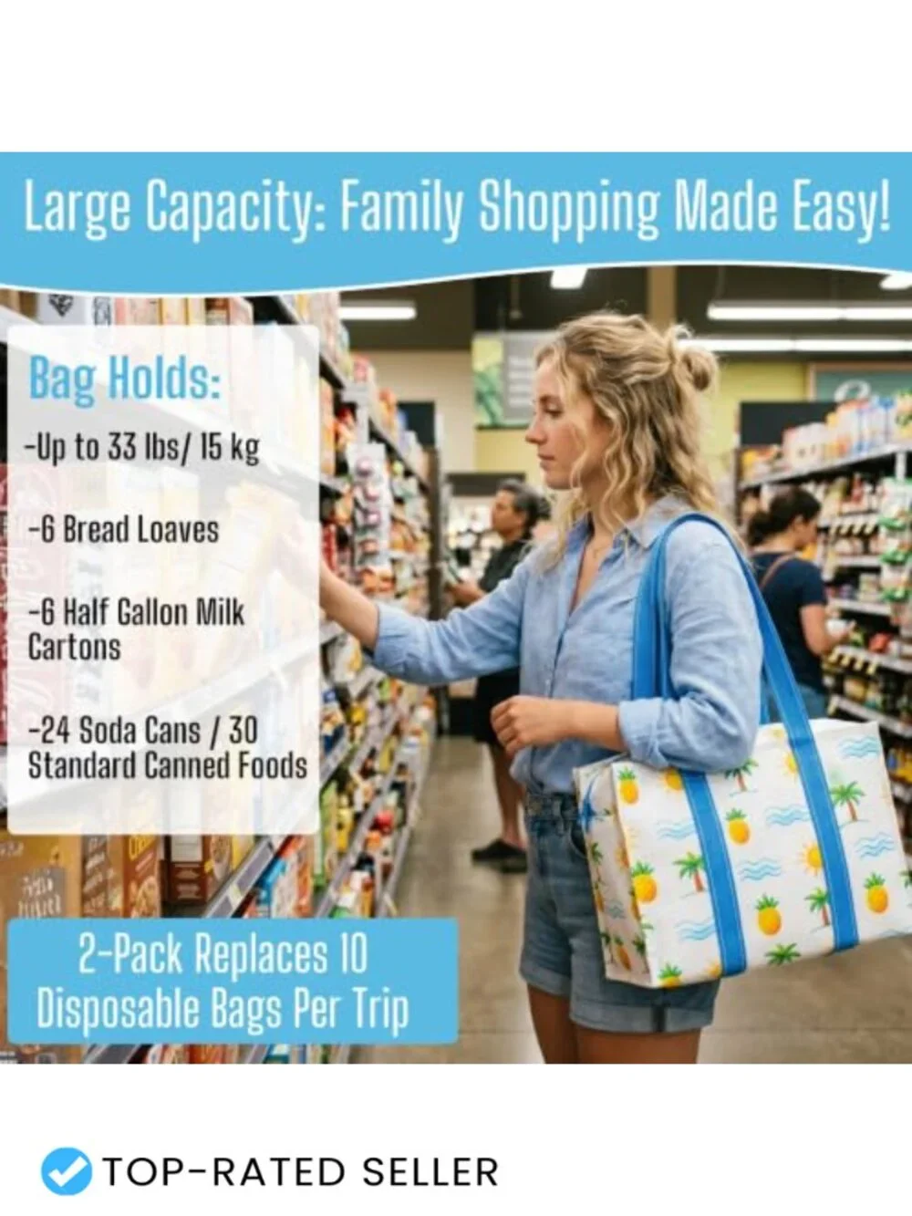 Heavy Duty Reusable Grocery Tote with Zipper & Hard Bottom, PP Woven, Foldable